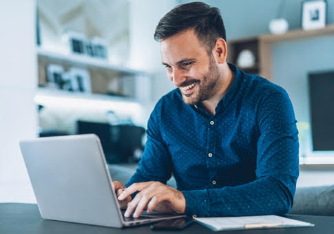 Client viewing small business checking account on laptop